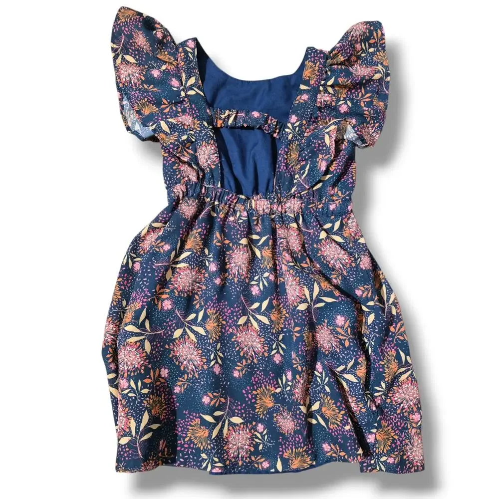 Orchestra Girls' Size 4Y Navy Blue Floral Flutter Sleeve Back-Strap Dress